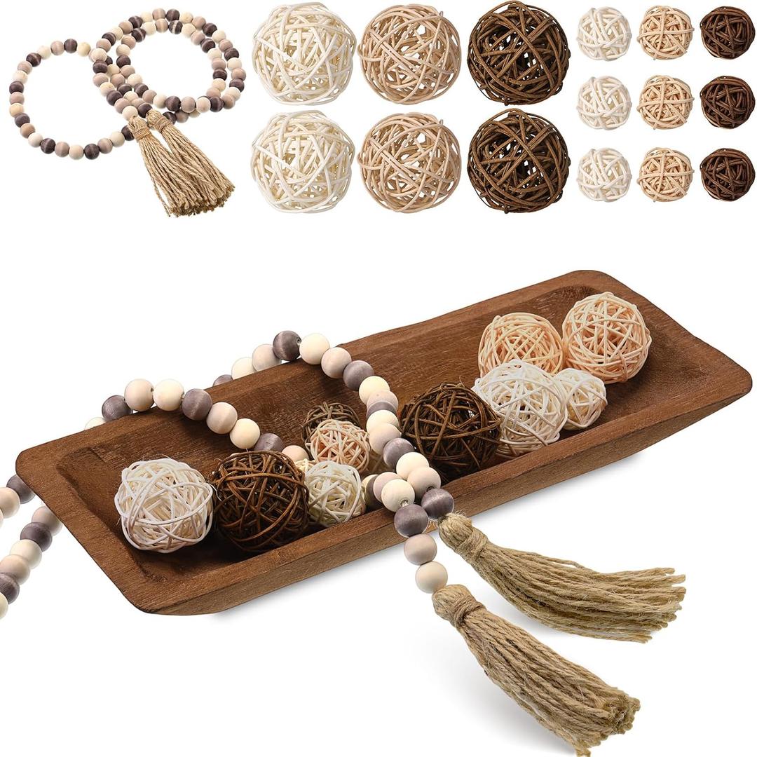 Teenyyou 17 Pcs Wooden Centerpiece Table Decorations Wood Dough Bowl Wicker Rattan Balls Beads String with Tassel Natural Decorative Tray Rustic Bowl Filler for Dining Room Kitchen (Brown)