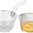 2 Pack Collapsible Deep Fryer Stainless Steel Deep Fry Basket with Foldable Handle, Fry Chips Baskets Round Wire Mesh Basket with Folding Handle for Kitchen Frying Pasta Spaghetti Silver
