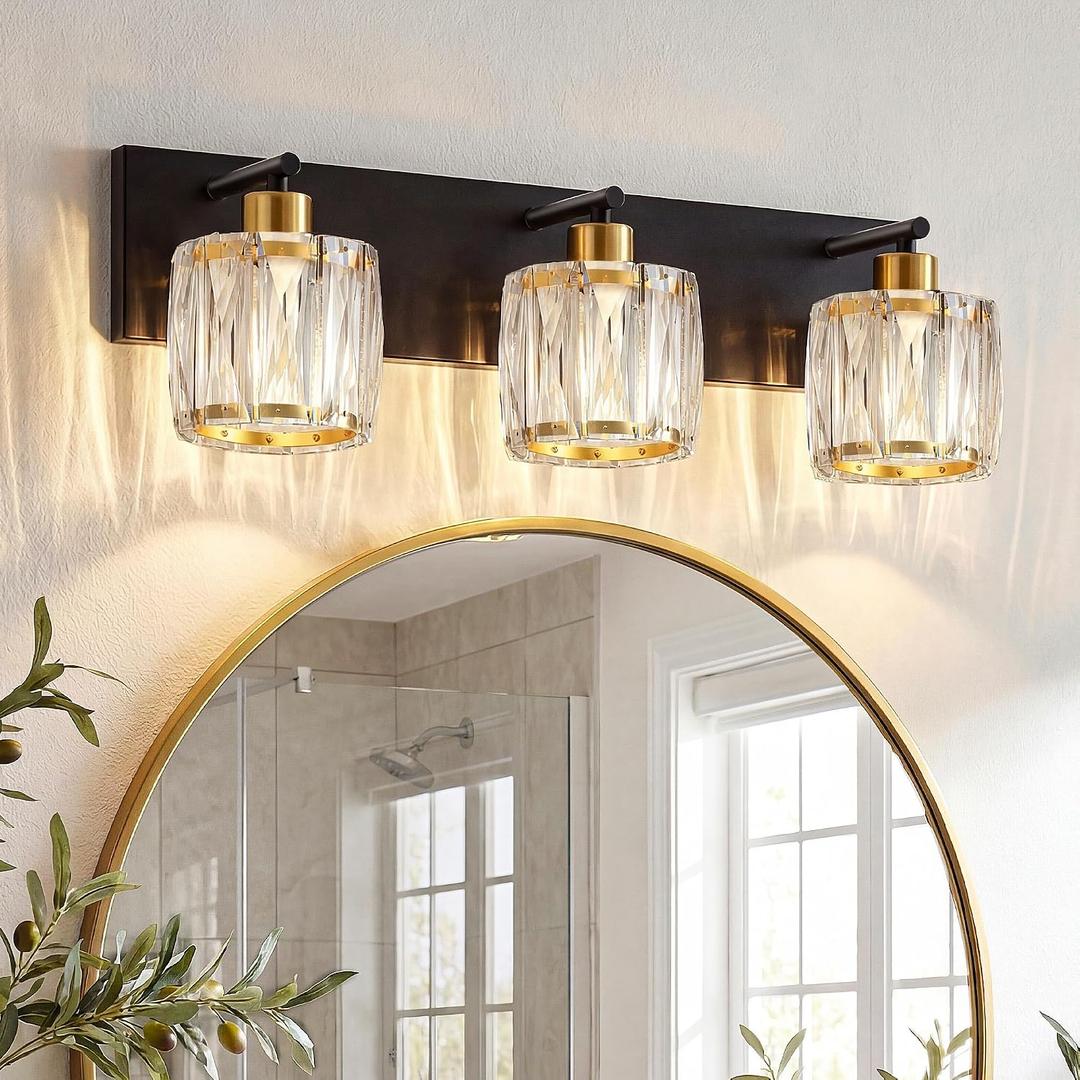 VOLISUN Crystal Vanity Lights for Bathrooms, 3 Light Bathroom Vanity Light, Black and Gold Bathroom Light Over Mirror, Modern Bathrooms Lights Fixtures-UL Certificated(Exclude Bulb)