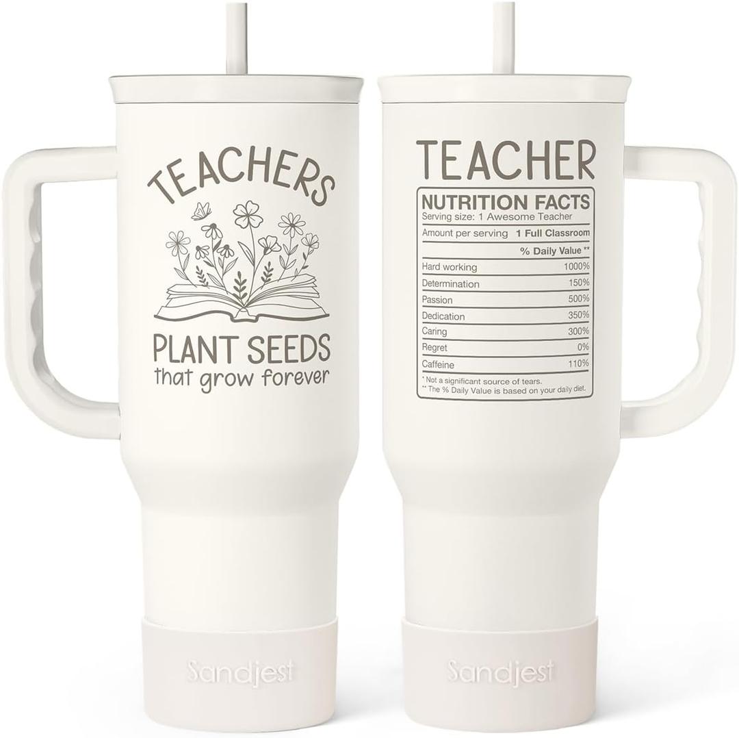 SANDJEST Teacher Appreciation Gift 40oz Stainless Steel Insulated Tumbler with Handle and Straw - Teacher Nutrition Facts Travel Coffee Mug Cup for Women Back to School Birthday Christmas