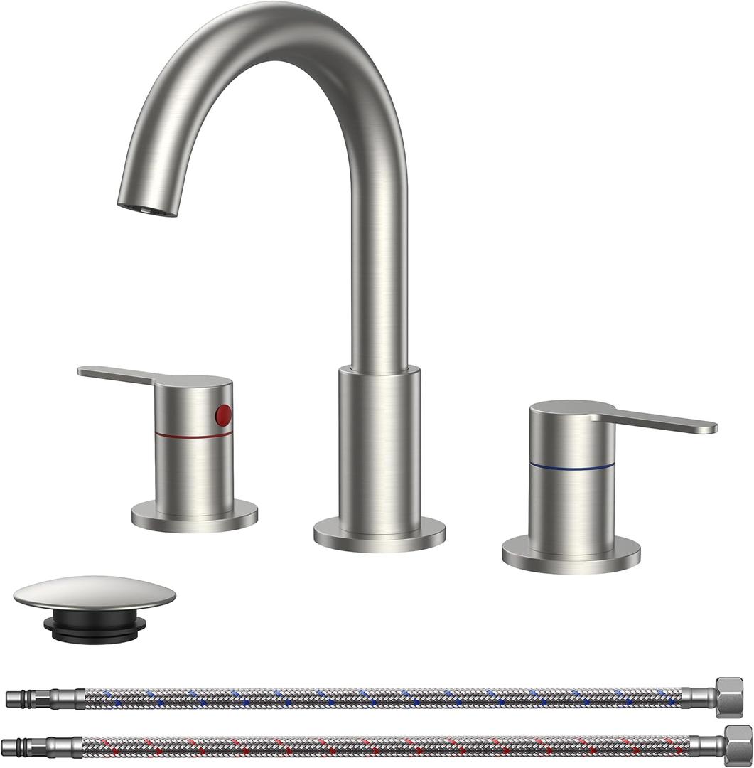 QFN Bathroom Faucets 3 Hole Brushed Nickel, 8 Inch Widespread Vanity Sink Faucet with Aerator, 2 Handle 360 Swivel High Arc Spout, Spot-Free Finish, cUPC NSF Certified and CEC & DOE Compliant (Stainless Steel)