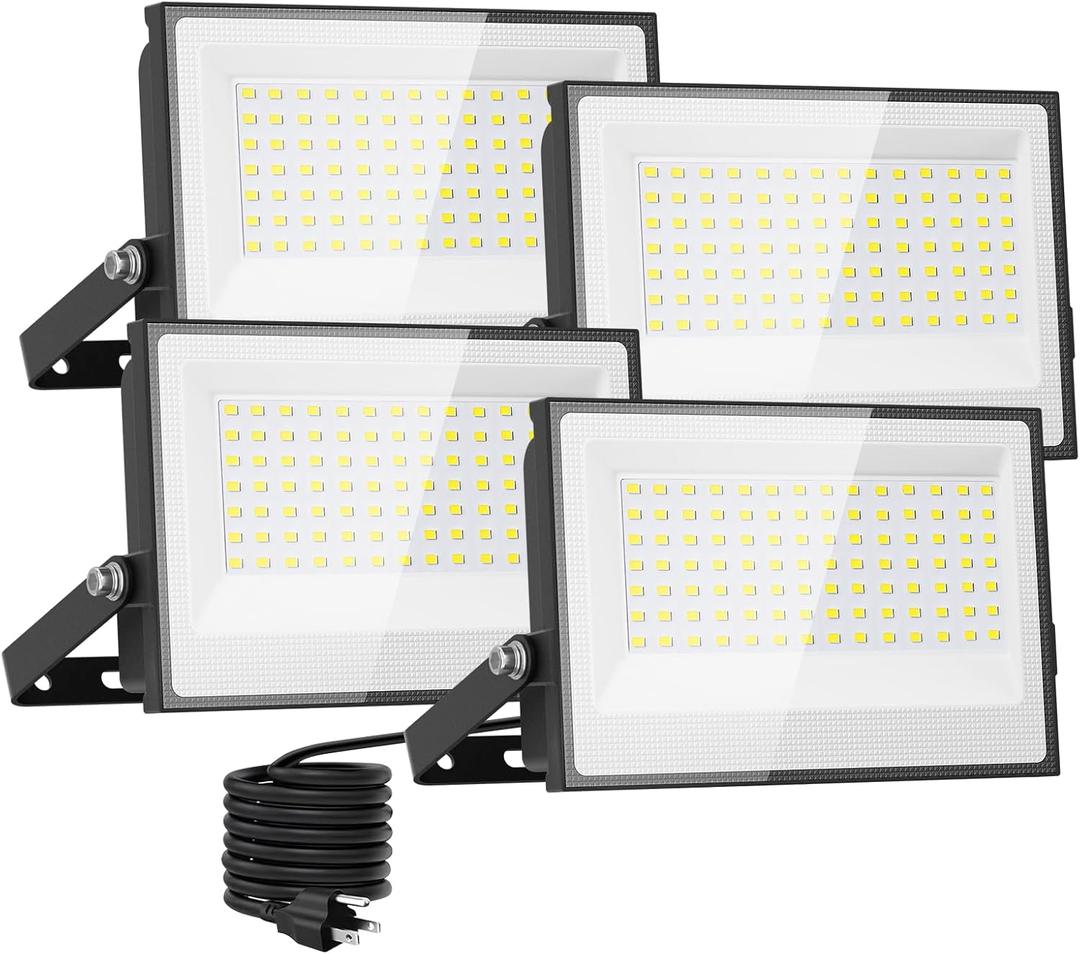 Onforu 120W Flood Lights Outdoor, 12000lm Bright LED Work Light with Plug, 6500K Daylight White LED Flood Lighting, IP66 Waterproof Security Yard Lights for Yard Garage Stadium 4 Pack (Black)