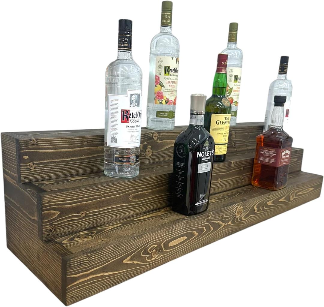 Handmade Tiered Display Shelving - Three Tier Bar Display - Bar Organizer - Liquor Bottle Display (42" with Back, Dark Walnut)