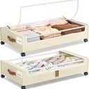 Yecaye Under Bed Storage with Wheels, 2 Pack Under Bed Storage Containers, 60L Underbed Shoe Storage with Clear Window & Label, Rolling Under Bed Metal Drawer for Clothes, Shoes, Books, Blankets (Beige)