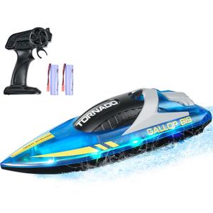 VEVOR RC Boat for Kids, Remote Control Boat for Pools & Lakes, Racing Boat with LED Light & 2 Rechargeable Batteries, Whole Body Waterproof, Water Play Toy Gift for Adults Boys & Girls (1 PC, Blue)