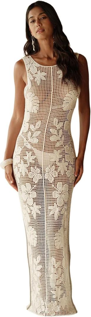 WDIRARA Women's Floral Crochet Sheer Cover Up Maxi Beach Dress Hollow Out Sleeveless Coverups (Medium)
