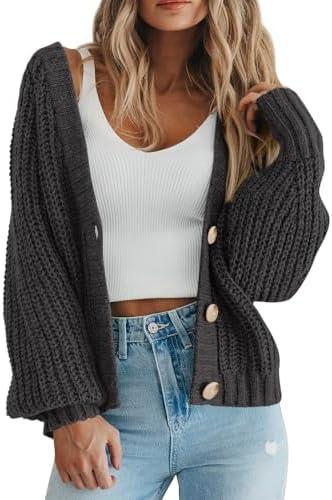 PRETTYGARDEN Women's Chunky Knit Open Front Sweater Long Sleeve Button Loose Short Cardigan Outerwear Coats, Size L