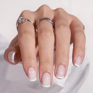 BTArtbox Press On Nails - White French Tip Press on Nails Square, Glue On Nails for Wedding Gift, Supremely Fit & Natural Stick On Nails in 15 Sizes - 30 Fake Nails Kit, Classic French