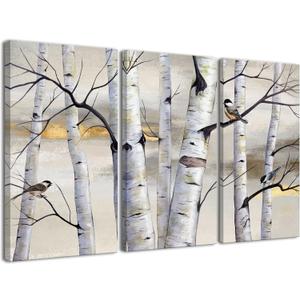 Wayrain Tree and Bird Wall Art,3 Piece Birch Tree Canvas Print Wall Art Nature Scenery Landscape Picture for Living Room Bedroom Wall Painting Decoration Graphic Fine Modern Artwork (K042)