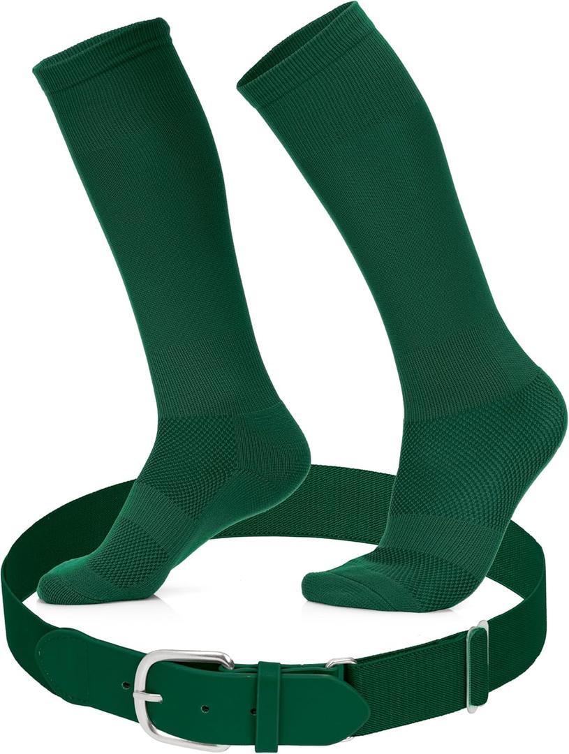 Youth Baseball Socks and Belt Set  Baseball or Softball Socks and Adjustable Belt (Small, Dark Green)