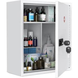 Uniclife Wall Mount Medicine Cabinet with Combination & Key Lock Locking First Aid Cabinet Lockable Medical Cabinet Large Capacity Medicine Organizer Secure Steel Wall Cabinet Metal Storage Box, White