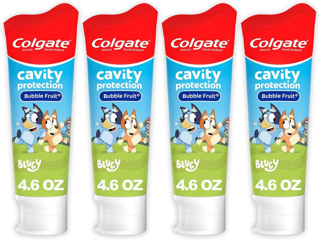 Colgate Kids Bluey Toothpaste with Fluoride for Cavity Protection, Ages 2+, ADA Accepted, Sugar Free and Gluten Free, Bubble Fruit Flavor, 4 Pack, 4.6 Oz Tubes