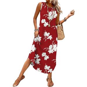 WIHOLL Summer Dresses for Women 2026 Hawaiian Beach Vacation Clothes Casual Sleeveless Maxi Long Sundresses with Pockets (Medium, Red Floral)