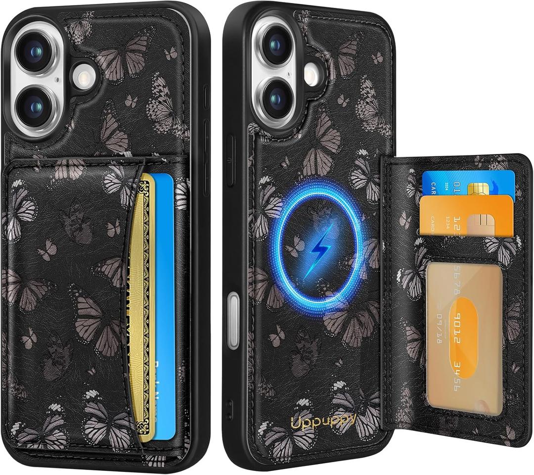 Uppuppy for iPhone 17 Case with Wallet - Fits 4 Card Slots, Compatible with MagSafe for Women Aesthetic Durable PU Leather Credit Card Holder Kickstand Phone Cover for Apple 17, Black Butterfly
