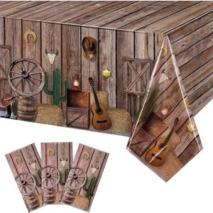 Tiamon 3 Pcs Western Party Tablecloth Western Cowboy Table Cover Cowboy Theme Plastic Tablecloth Wild West Wooden House Barn Door Table Cover for Baby Shower Birthday Party
