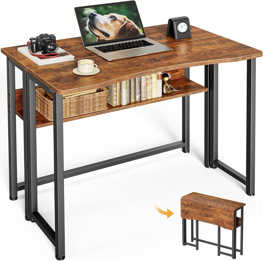 Huuger Folding Desk with Storage Shelf, 31.5 Inch Foldable Computer Table for Small Spaces, Space Saving Sofa Table for Couch, Writing Work Office Computer Desk, Easy to Fold, Rustic Brown, 18.5"d X 31.5"w