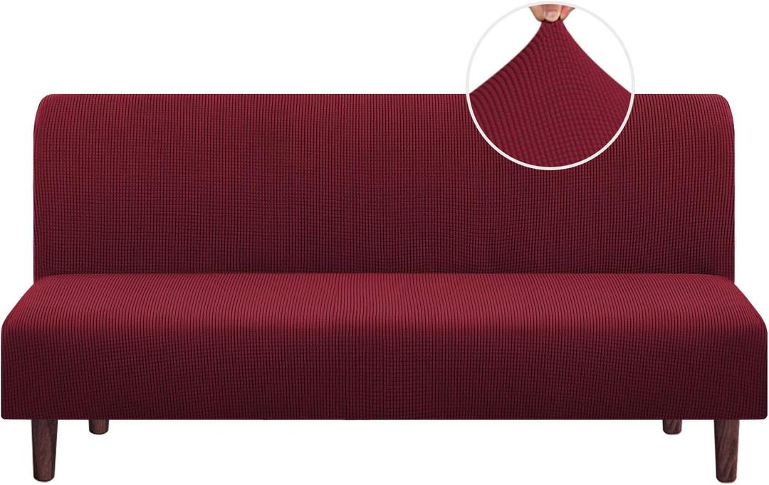 PrinceDeco Stretch Futon Cover,Armless Futon Slipcover Full Queen Size Futon Couch Cover, Sofa Cover Bed Cover Furniture Protector with Elastic Bottom, Checked Pattern Jacquard, Burgundy