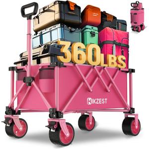 Collapsible Wagon Cart Foldable, 360LBS Heavy Duty Utility Wagon, Beach Wagon with Wider Wheels, Portable Grocery Cart for Camping, Shopping, Garden, Sports, Pink