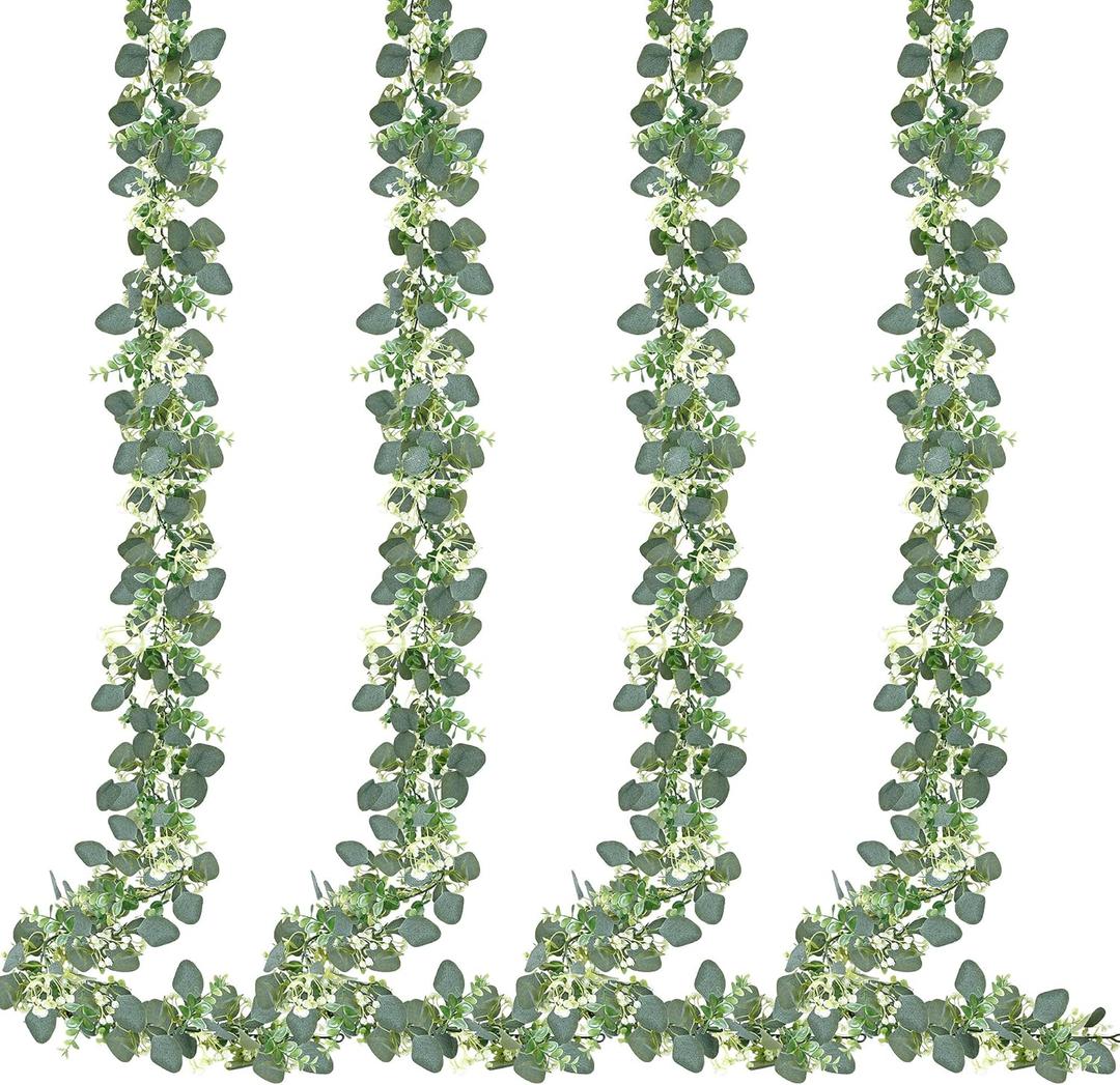Sggvecsy 4 Pack Artificial Eucalyptus Garland Eucalyptus Leaves Vines Greenery Garland Faux Silver Dollar Eucalyptus Leaves for Table Party Wedding Indoor Outdoor Home Mantle Wall Decor