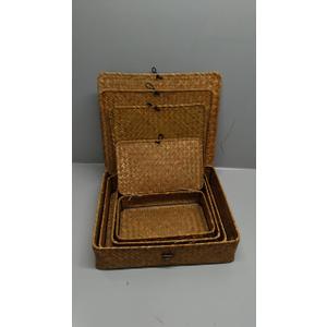 Set of 4 Seagrass Basket with Lid Wicker Storage Basket Decorative Storage Boxes with Lids Flat Storage Bins Woven Organizer Baskets for Shelf Closet Bedroom, 4 Sizes (Brown)