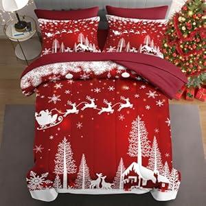 WeCozy 7 Pcs King Size Christmas Comforter Set with 2 Pillowcases & 2 Shams, Red Countryside Snowy Bedding for Kids and Adults, Merry Farmhouse Elk Bed in a Bag with Flat Fitted Sheet