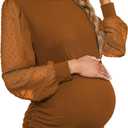 Women's Maternity Shirt Long Sleeve Top Swiss Dot Mock Neck Ribbed Knit Striped Ruched Side Blouse (Medium, Brown)