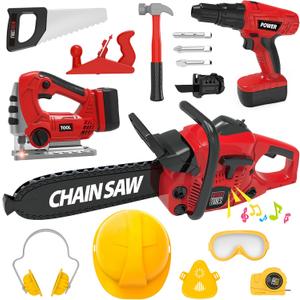 Kids Tool Set with Electric Toy Drill Halloween Chainsaw Jigsaw Toy Tools, Realistic Kids Power Construction Pretend Play Tools Set Toy STEM Playset Toddler Toys Kit for Toddler Boy Girl