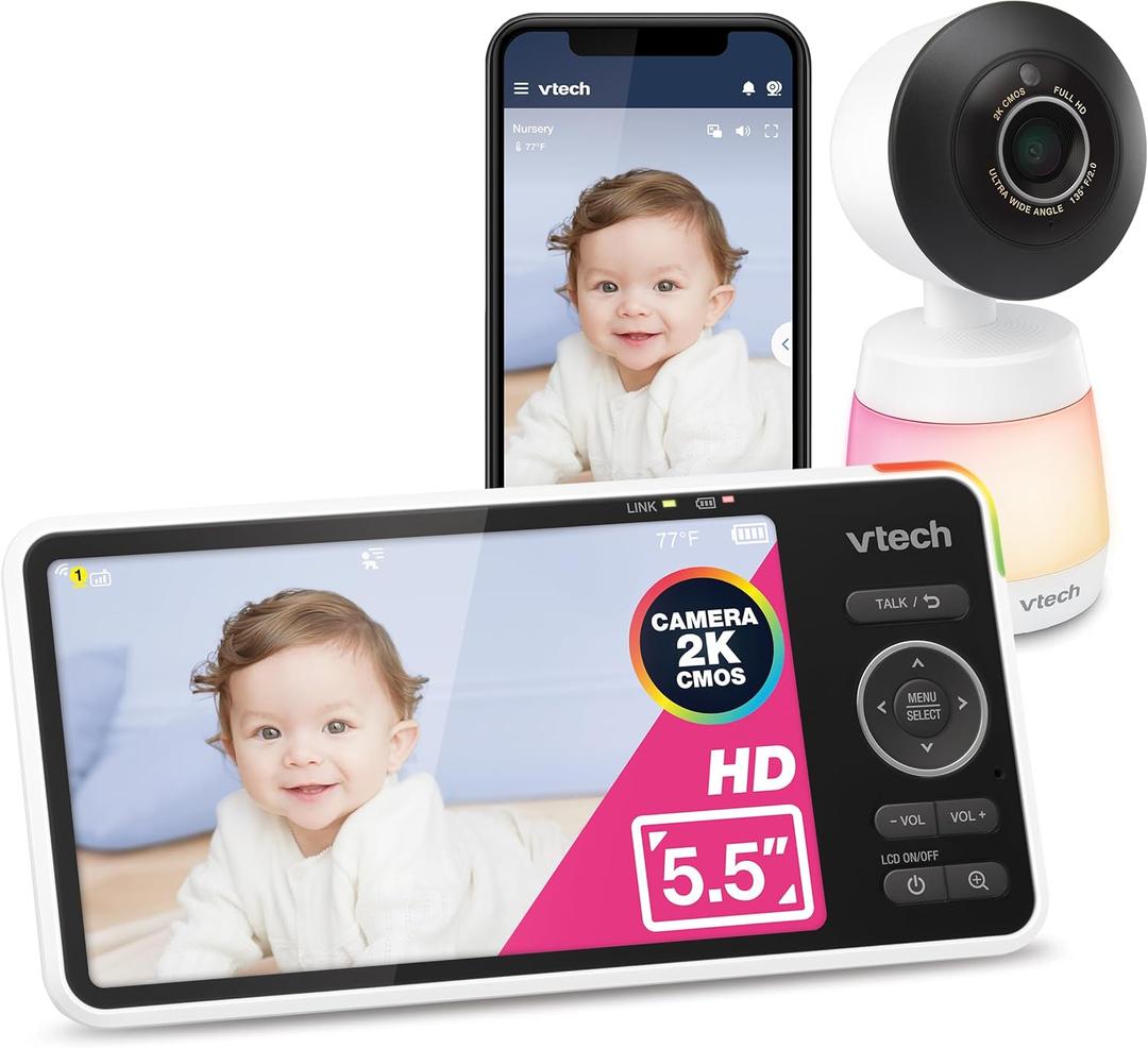 VTech Smart WiFi Baby Monitor, 2K CMOS Sensor Camera, 5.5-inch HD IPS Screen, Clear Infrared Night Vision, Pan-Tilt, 24x Zoom, 2-Way Talk, Multi-Color Night Light, Soothing, Free App: Smart HD Plus