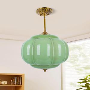 15in Green Milk Glass Ceiling Light, LED Bulb Included, Vintage Schoolhouse Semi Flush Mount Pendant Light Art Deco Chandelier for Kitchen Dining Room Hallway Bedroom, Antique Gold & Green