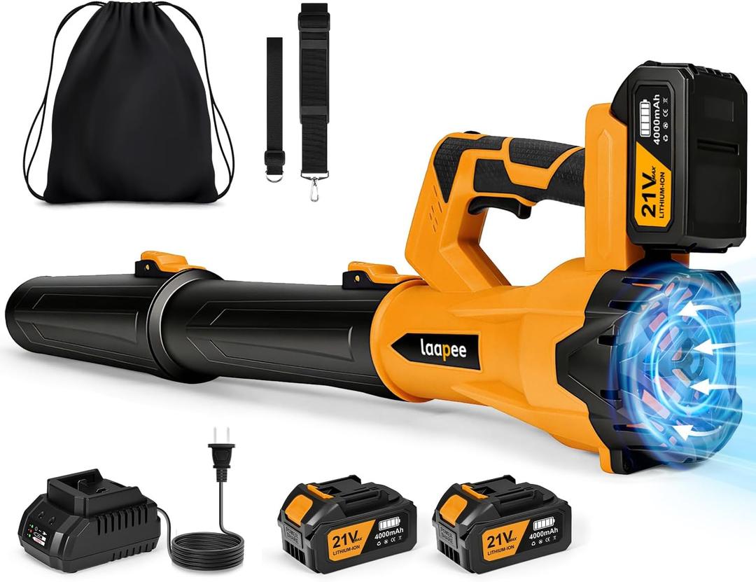 Leaf Blower Cordless,Electric Leaf Blower with 2 4.0Ah Battery Powered and Fast Charger, Cordless Blowers for Lawn Care and Car Dust Snow Blower,6 Speed Control,Orange