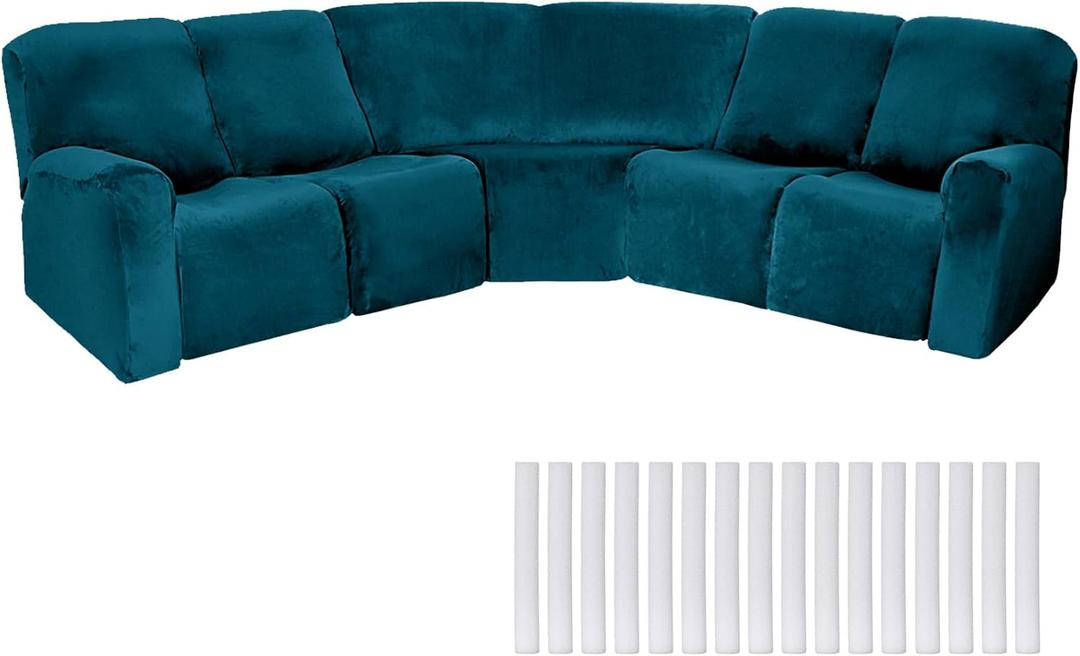 Peryiter 7 Pcs L Shape Sectional Recliner Sofa Covers 5 Seat Sectional Couch Covers Milk Silk Velvet Stretch Reclining Sofa Slipcover Furniture Protector for Living Room(Deep Teal,Velvet)