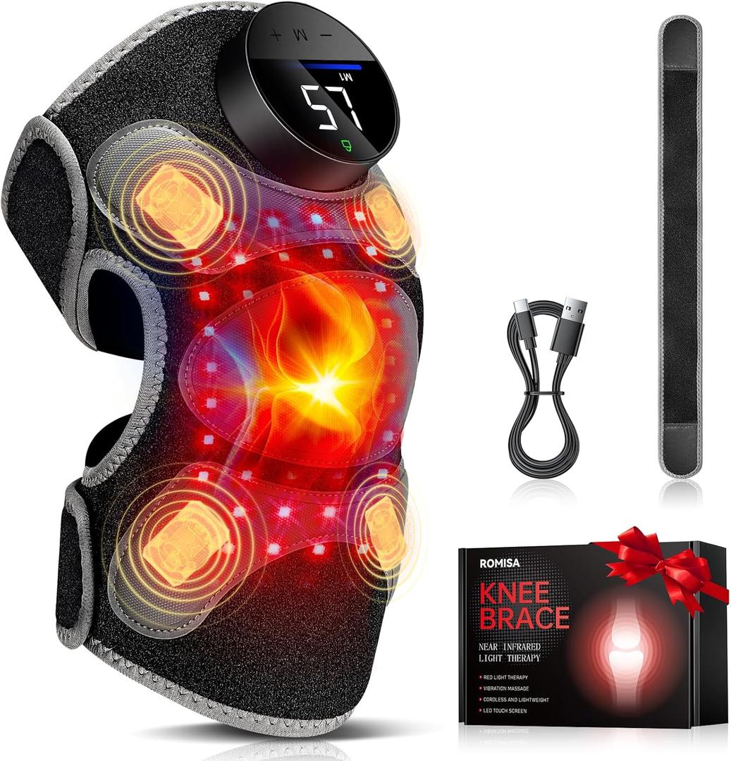 Upgraded PRO Red Light Therapy Knee Brace & 4 Vibration Massage - Rechargeable Controller, 660nm&850nm Red Light Therapy Heated Device for Knee/Elbow/Shoulder