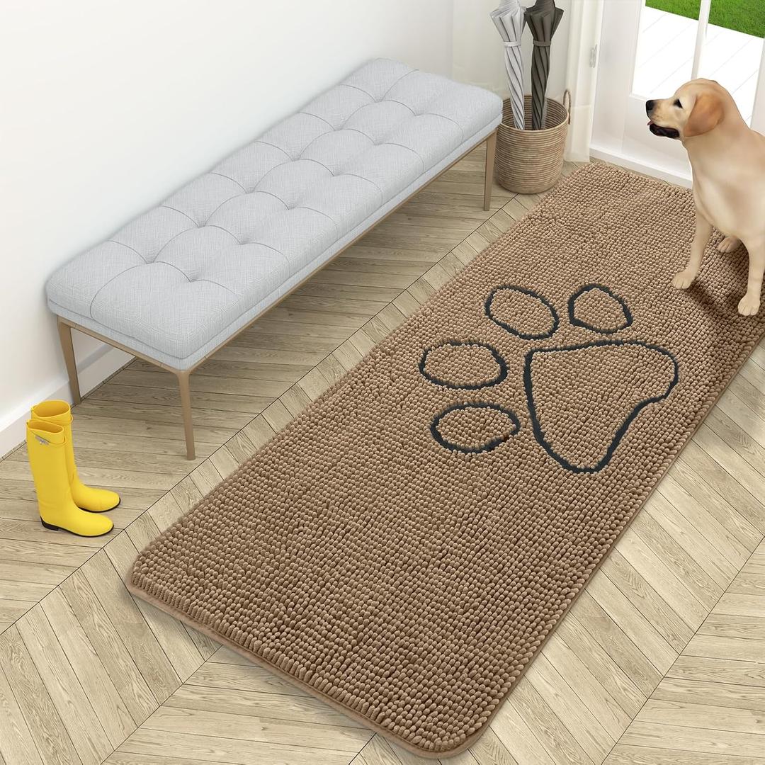 OLANLY Dog Door Mat for Muddy Paws 59x24, Paw Print Design, Absorbs Moisture and Dirt, Absorbent Non-Slip Washable Doormat, Quick Dry Chenille Mud Mat for Dogs, Entry Indoor Entryway Carpet, Tan
