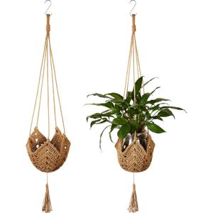 Shappy 2 Packs Jute Crochet Long Plant Hanger for 3 Inch to 12 Inch Pots, Macrame Plant Holder Rope with 2 S Shaped Hooks for Halloween Home Decor(Brown)