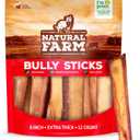 Natural Farm Odor Free Jumbo Bully Sticks (6 Inch, 12 Pack), Extra-Thick Dog Treats – Fully Digestible 100% Beef Treats, Natural Dental Chews – Keep Your Dog Busy with 50% Longer Lasting Chews