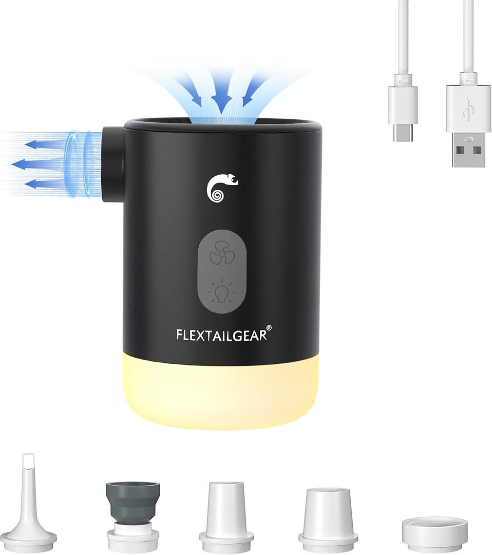 FLEXTAILGEAR 4.5kPa Air Pump for Inflatables, Portable Air Pump with Led Light, 3600 mAh Rechargeable Battery Air Mattress Pump Inflator Pump for Pool Floats Boats Sleeping Pads Inflatable Toys (Black)