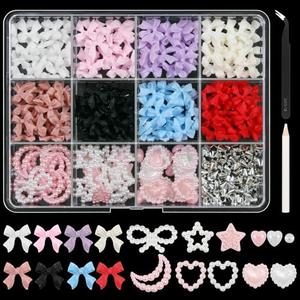 Artdone Nail Art Studs Glitter Kit, 12 grids 8 Colors 3D Charms and Pink Mix White Star Heart Moon Cute Nail Jewels for DIY Decoration