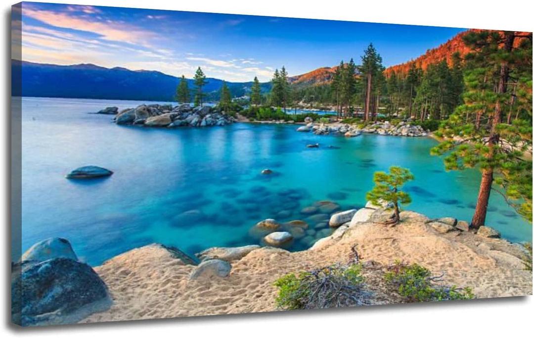 TKGOBI53JY Canvas Framed Wall Art Lake Tahoe Print Pictures Poster Paintings for Bedroom Office Living Room Large Size Artwork Modern 20x40 inch