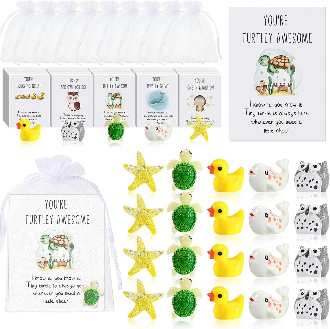 Fumete 50 Set Employee Appreciation Gifts Bulk for Coworkers Thank You Staff Gift Animal Pun Inspirational Note Cards Funny Resin Ducks Stars Whales Turtles Owls Office Pocket Favors