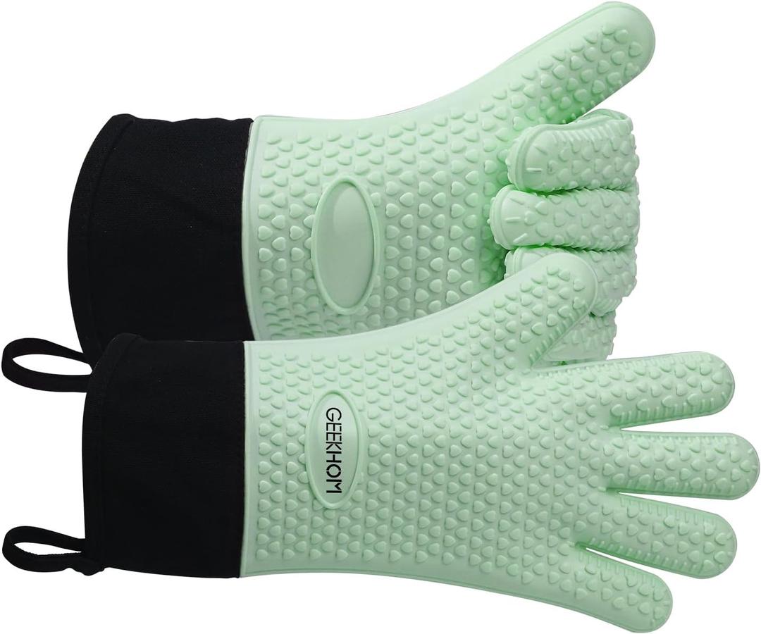 GEEKHOM BBQ Gloves Heat Resistant Oven Mitts - Silicone Grilling Gloves with 13.7" Arm Protection - Waterproof Pot Holder Non-Slip for Men & Women, Kitchen Outdoor Cooking, Baking, Camping, Mint Green XL