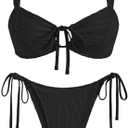 ZAFUL Women's Cinched Bikini Solid Color Wave Textured Knotted Tied Side Two Piece Swimsuit Bathing Suits S