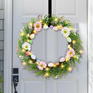 18 Inch Light up Easter Spring Wreath Artificial Flower Wreath with A Hook Colorful Eggs Berries Bow Knot for Front Door Easter Summer Farmhouse Wall Home Window Decor