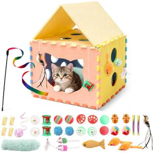 34Pcs Feather Wand Catnip Toy Set, Kitten Toys with Soft Pillow and Chew Rope, Interactive Cat Toys for Indoor Cats, Cat Play Set with Springs Balls and Bells