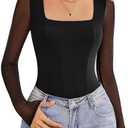 Avidlove Women's Long Sleeve Bodysuits Square Neck One Piece Body Suit Mesh Leotard Tops Double Lined Soft, S