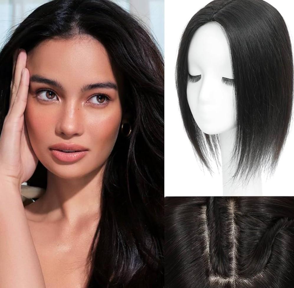 Rootoo Hair Toppers for Women Real Human Hair, 14 Inch Realistic Biological Scalp Topper Hair Pieces for Women with Thinning Hair, Clip in Curtain Bangs Big Base 360° Cover (Black, 14 Inch)