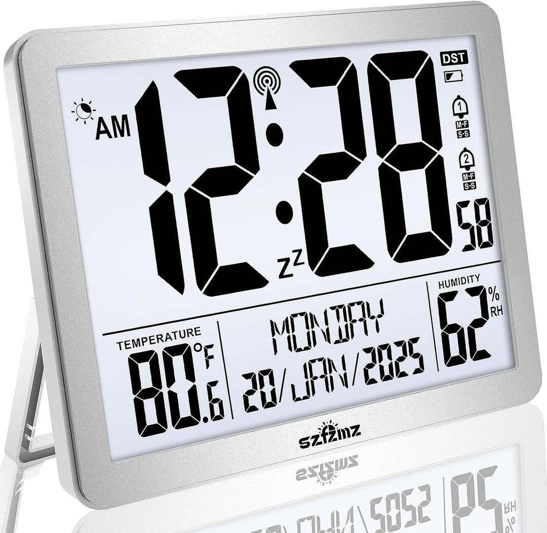 Digital Wall Clock Battery Operated with Backlight, Atomic Alarm Clocks with Indoor Temperature & Humidity for Bedrooms, Office, 8.5" Small Desk Clock with Large Display for Seniors, Auto DST, Sliver