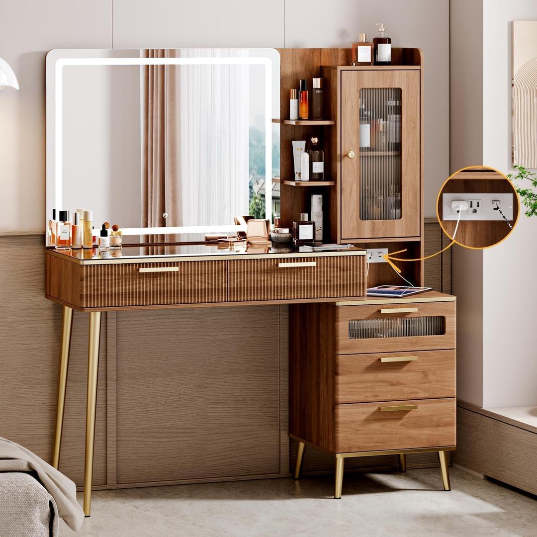 Vanity Desk with 29.53" HD Lighted Mirror, 47.24" Big Modern Vanity Desk with Mirror and Lights, Makeup Vanity with 5 Drawers and Storage Shelves and Charging Station,Brown