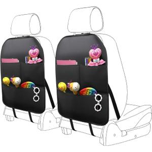 2 Pack PU Leather Kick Mat Back Seat Protector With 3 Storage Pockets, Universal Car Seat Back Organizer For Kids Pets, Waterproof Backseat Protector For Most Car (Black)