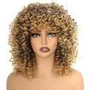 PORSMEER 14inch Blonde mixed Brown Curly Wigs for Women,Short Kinky Afro Curly Wigs with Bangs Natural Soft Bouncy Fluffy Heat Resistant Synthetic Hair Wig 70s for Daily or Party