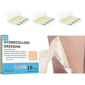Hydrocolloid Wound Dressing, 10 Pack 4" x 4" with Border | Self-Adhesive Waterproof Bandage for Advanced Wound Care | Ideal for Leg Ulcers, Bedsores, Pressure Sores | Sterile & Hypoallergenic